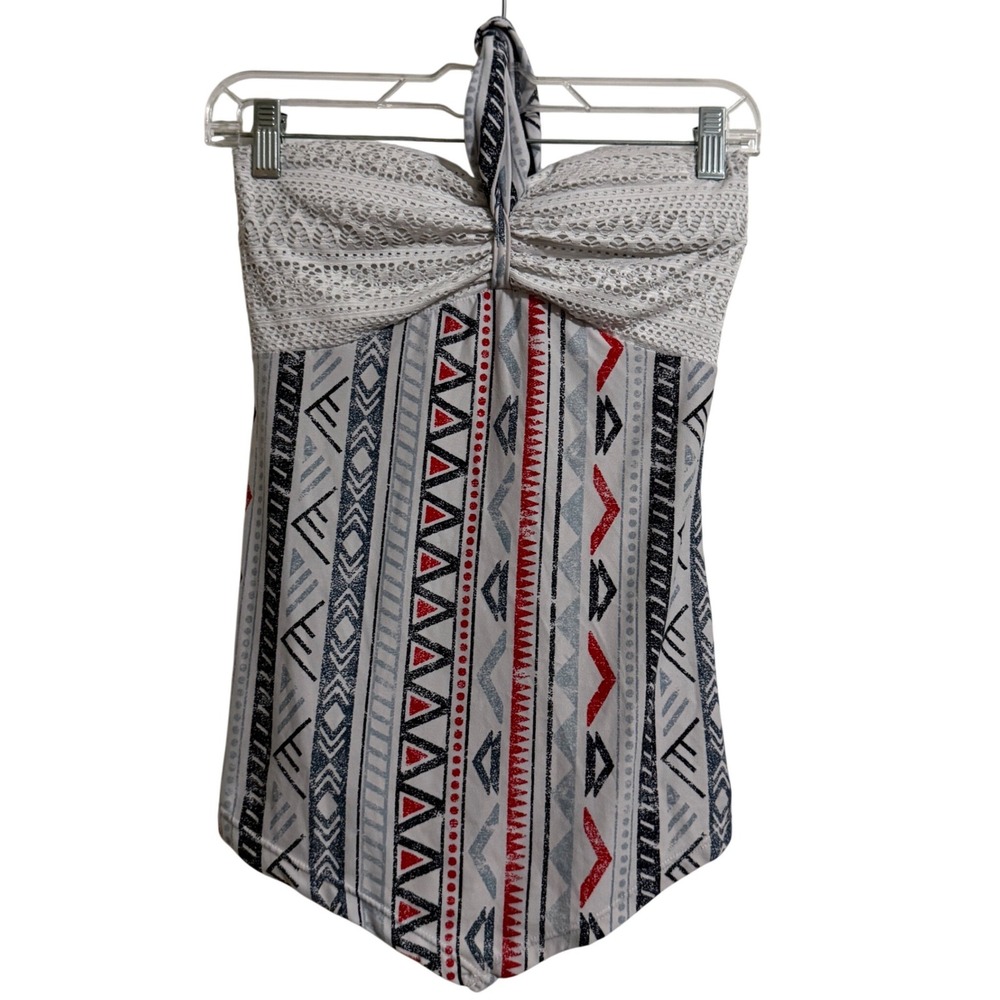 No Boundaries Womens S Tribal Print Halter‎ Top Lace Smocked Handkerchief